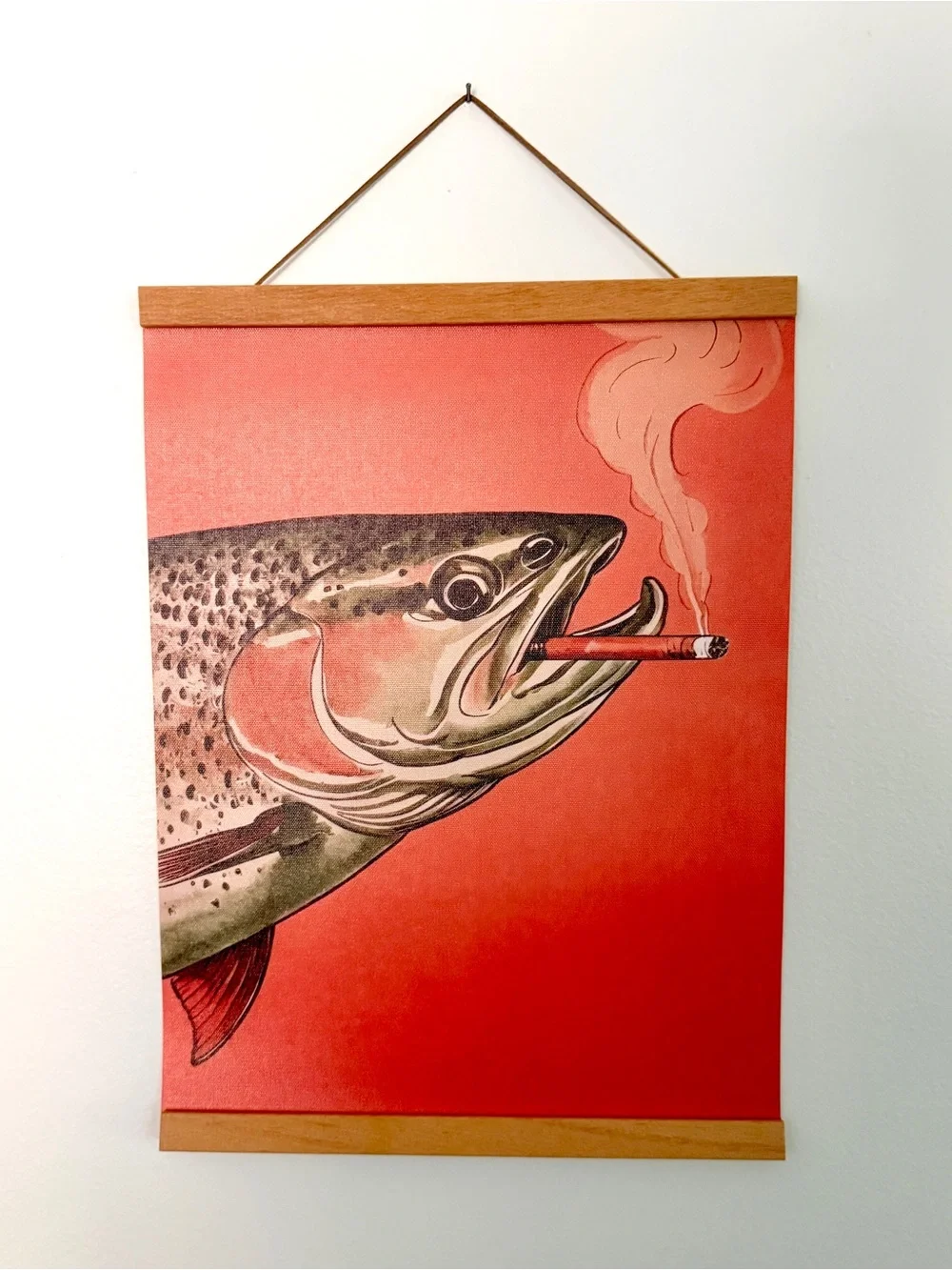 Trout Fish Smoking a Cigarette Vintage Style Canvas Wall Art Print Hanger Framed